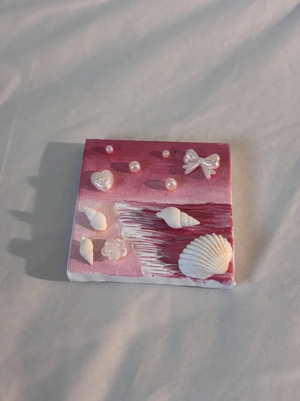 Original Mini Canvas Painting Pink Beach with Pearls and Shells
